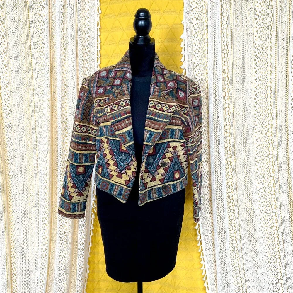 VTG 90s Cropped Boho Western Aztec Tapestry Jacket 100% Cotton To Die For Size S - Picture 2 of 9